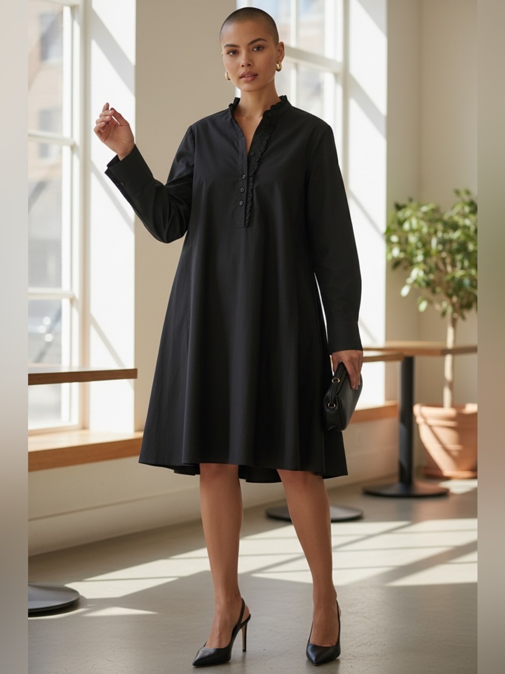 COS Black Ruffle-Trim Long Sleeve Tunic size 6